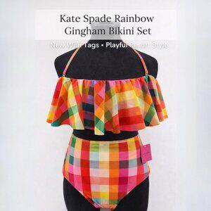Kate Spade Rainbow Gingham Bikini Set Ruffle Top High Waist Bottom NWT